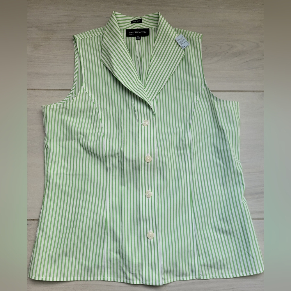 Jones New York Green Striped Women's Top Size 12P Sleeveless W Collar *NWT*